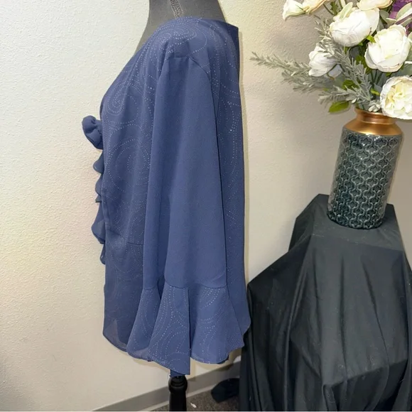 Dana Kay Navy Sheer Ruffle Blouse Rosette Front 3/4 Sleeve Plus 24W - Picture 2 of 7